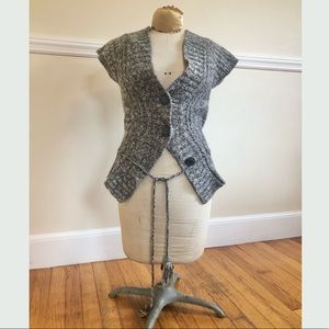 Button front sleeveless sweater w/ drawstring & pom pom accent. Vintage.